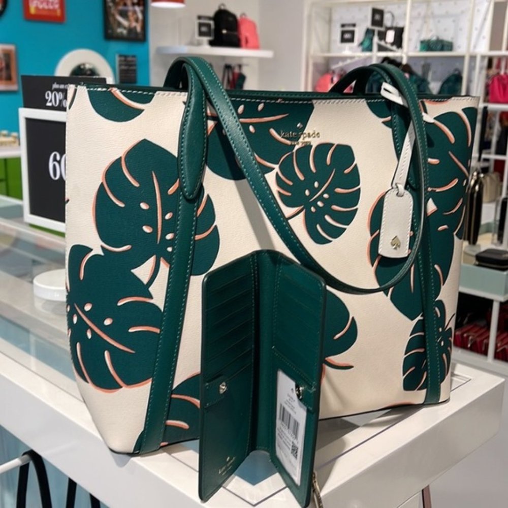 Kate Spade Cara Large Tote Monstera Leaves & Large Slim Bifold Wallet Cream Mult - Picture 6 of 16